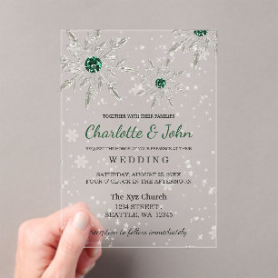 Silver Emerald Green snowflakes Winter Wedding Acrylic Invitations
