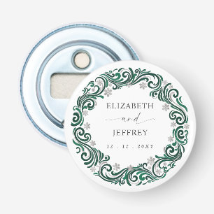 Silver Emerald Green Snowflakes Winter Wedding Bottle Opener