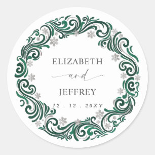 Silver Emerald Green Snowflakes Winter Wedding Classic Round Sticker
