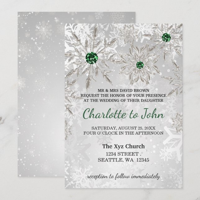 silver emerald green snowflakes winter wedding invitation (Front/Back)