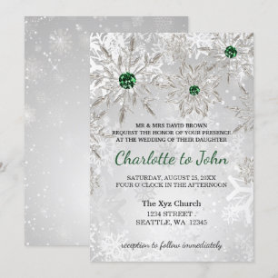 silver emerald green snowflakes winter wedding invitation