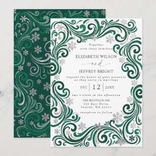 Silver Emerald Green Snowflakes Winter Wedding Invitation