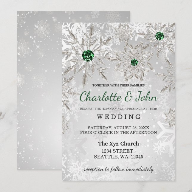 Silver Emerald Green snowflakes Winter Wedding Invitation (Front/Back)