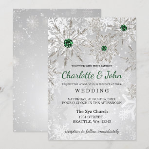 Silver Emerald Green snowflakes Winter Wedding Invitation