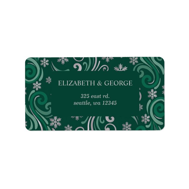Silver Emerald Green Snowflakes Winter Wedding Label (Front)