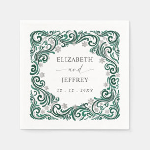 Silver Emerald Green Snowflakes Winter Wedding Napkin