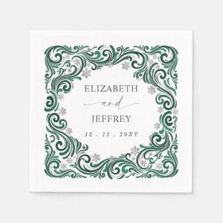 Silver Emerald Green Snowflakes Winter Wedding Napkin