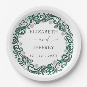 Silver Emerald Green Snowflakes Winter Wedding Paper Plate