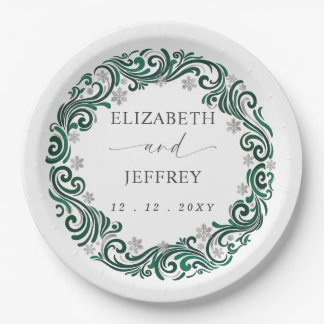 Silver Emerald Green Snowflakes Winter Wedding Paper Plate