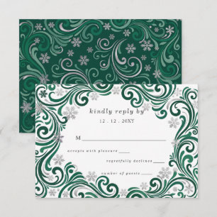 Silver Emerald Green Snowflakes Winter Wedding RSVP Card