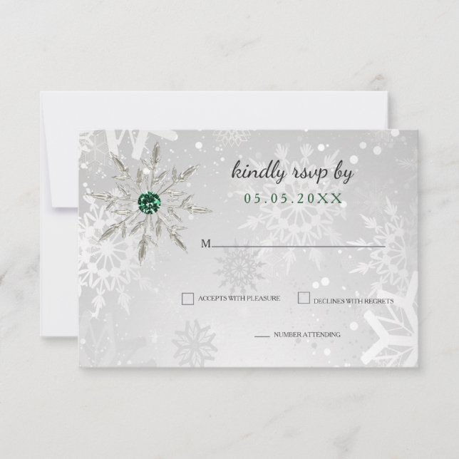 silver Emerald Green snowflakes winter wedding   RSVP Card (Front)