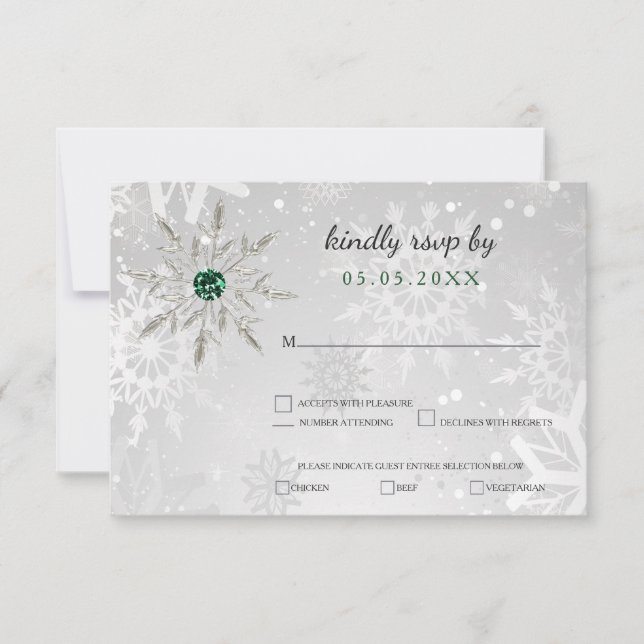 silver Emerald Green snowflakes winter wedding  RSVP Card (Front)
