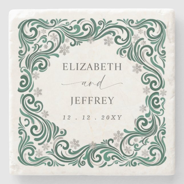 Silver Emerald Green Snowflakes Winter Wedding Stone Coaster (Front)
