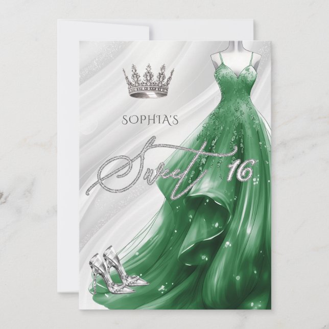 Silver Emerald Green Sparkle Dress Sweet 16 Invitation (Front)