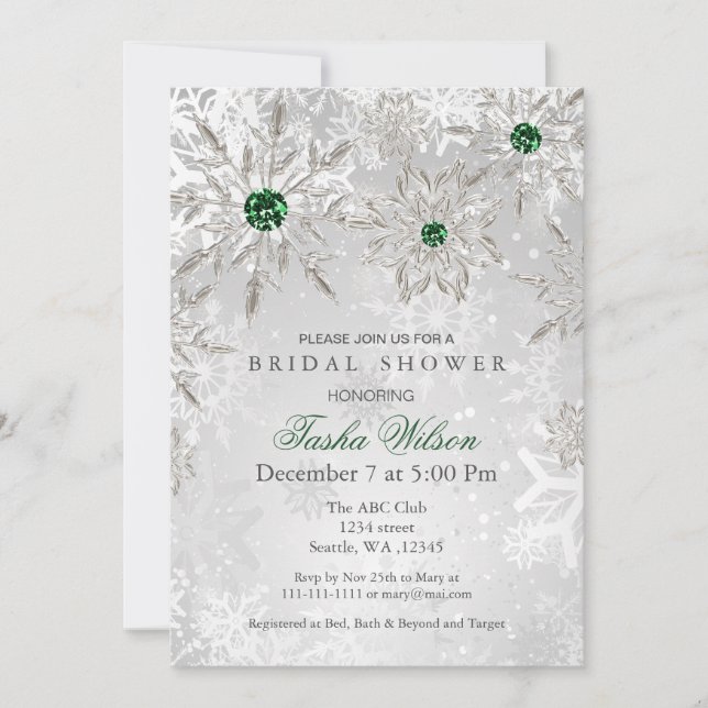 Silver Emerald Snowflakes Winter Bridal Shower Invitation (Front)