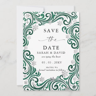 Silver Emerald Snowflakes Winter Wedding Photo  Save The Date