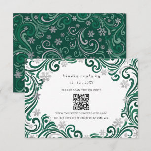 Silver Emerald Snowflakes Winter Wedding QR Code RSVP Card