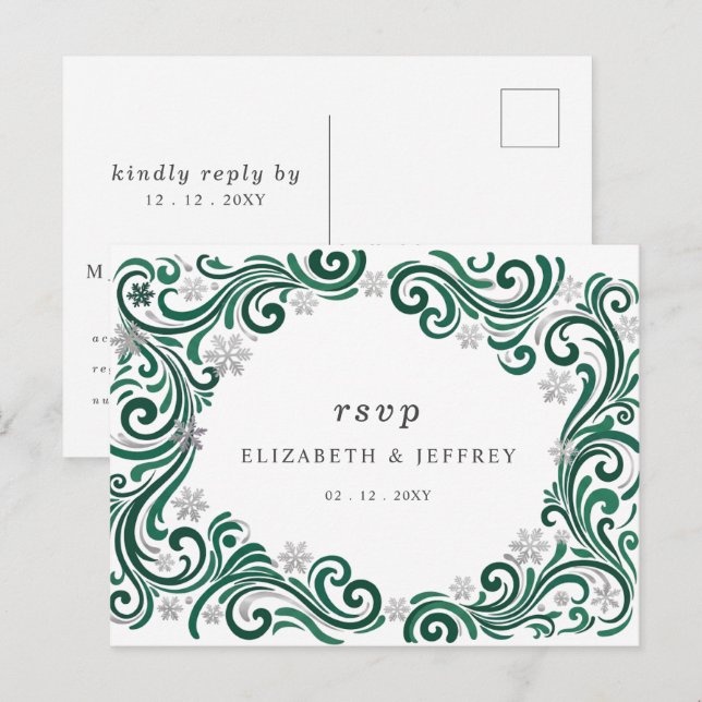 Silver Emerald Snowflakes Winter Wedding RSVP Postcard (Front/Back)