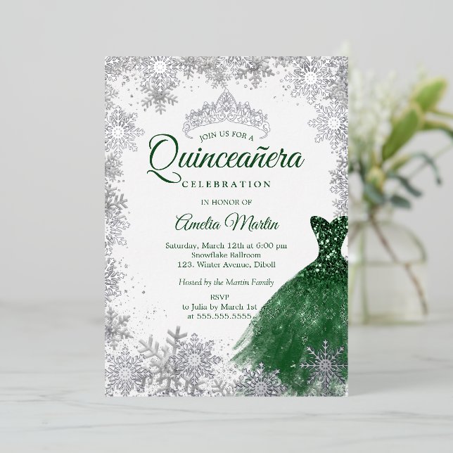 Silver Emerald Winter Snowflake Quinceanera (Standing Front)