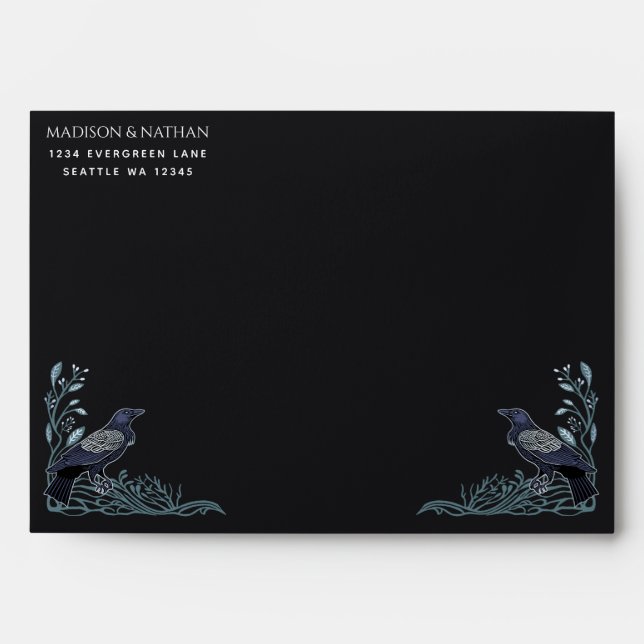 Silver Enchanted Gothic Raven Floral Wedding Envelope (Front)