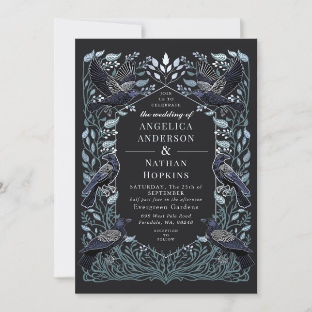 Silver Enchanted Gothic Raven Floral Wedding Invitation (Front)