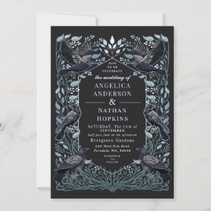 Silver Enchanted Gothic Raven Floral Wedding Invitation