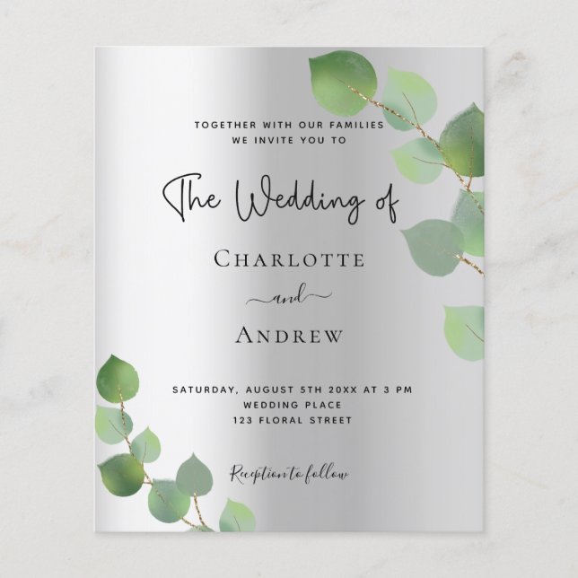 Silver eucalyptus budget wedding invitation flyer (Front)