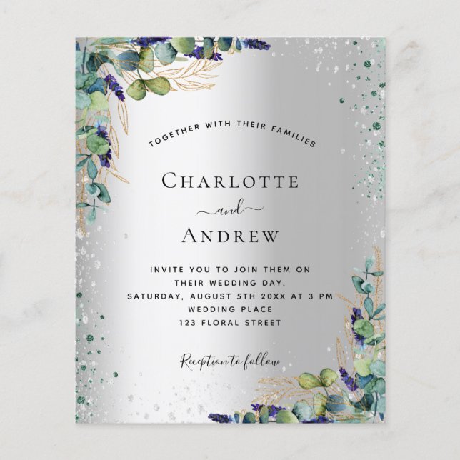 Silver eucalyptus budget wedding invitation flyer (Front)