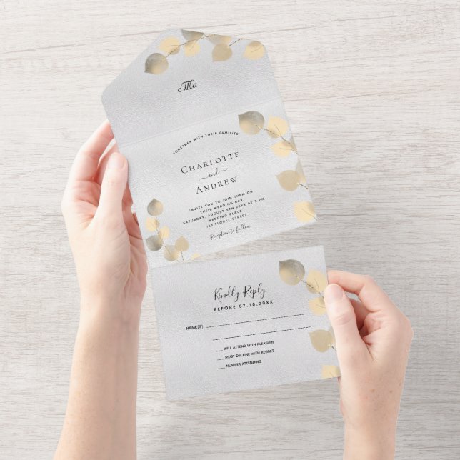 Silver eucalyptus golden botanical wedding all in one invitation (Tearaway)