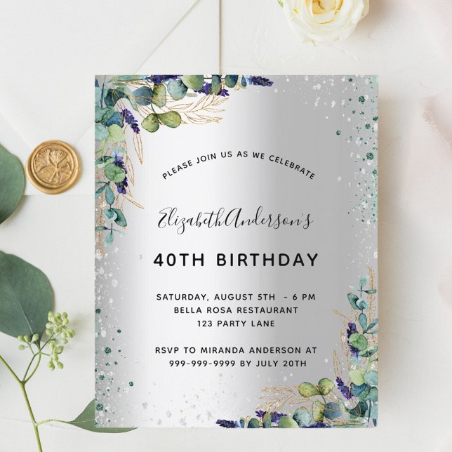 Silver eucalyptus greenery birthday invitation (Creator Uploaded)