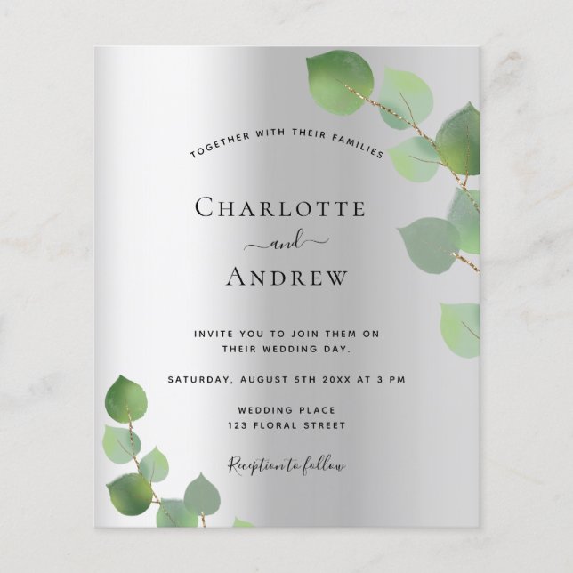 Silver eucalyptus greenery modern budget wedding flyer (Front)