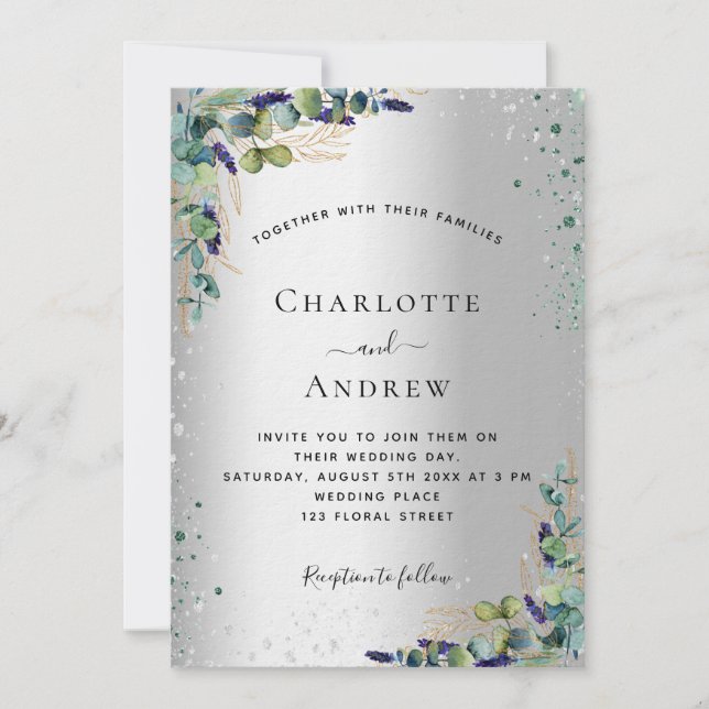 Silver eucalyptus greenery sparkle luxury wedding invitation (Front)