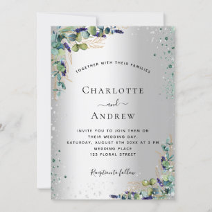 Silver eucalyptus greenery sparkle wedding  invitation