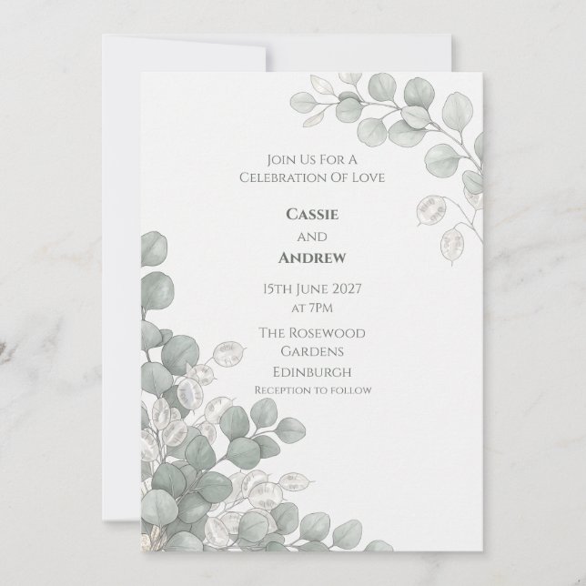 Silver Eucalyptus Lunaria Gold Fleck Wedding Invitation (Front)
