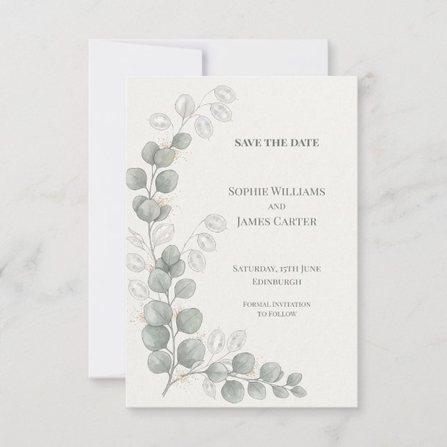 Silver Eucalyptus Wedding Save The Date (Front)