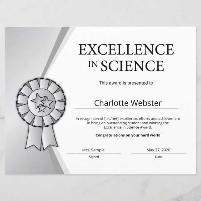 Silver Excellence in Science Certificate Award (Front)