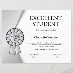 Silver Excellent Student Award Honour Certificate