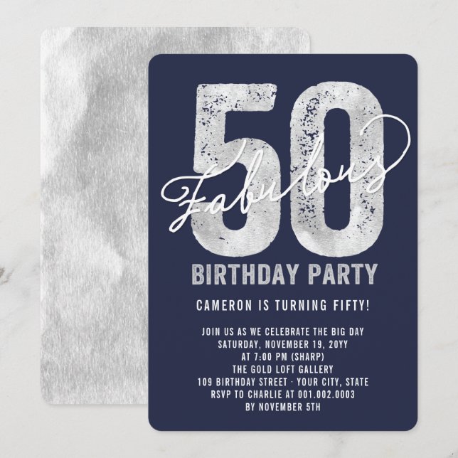 Silver Fabulous Fifty 50th Birthday Party Invite (Front/Back)