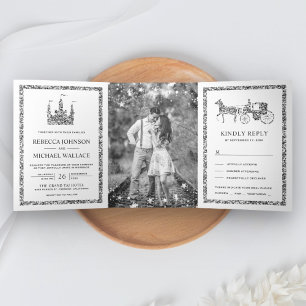 Silver Fairytale Castle Princess Carriage Wedding Tri-Fold Invitation