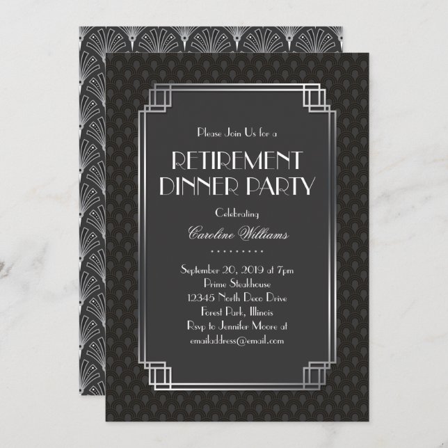 Silver Fans Art Deco Retirement Party Invitation (Front/Back)