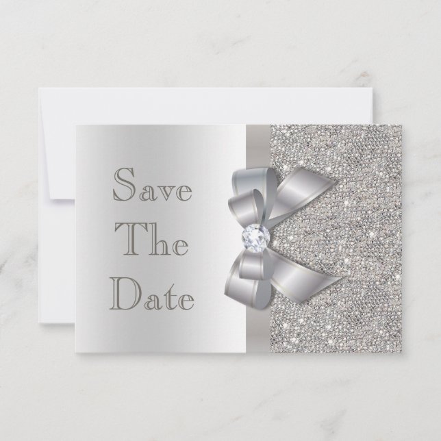 Silver Faux Bow & Diamonds Save The Date (Front)