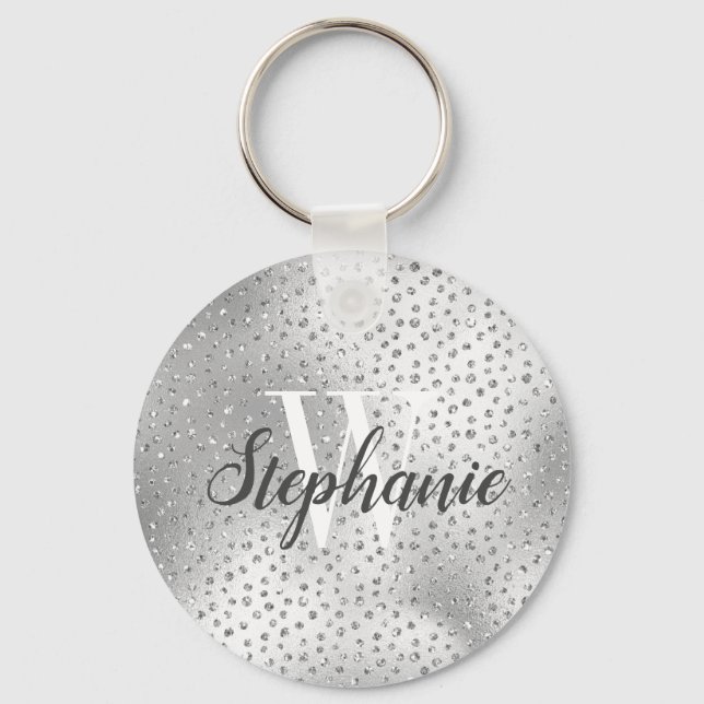 Silver Faux Diamond Confetti Pattern Monogram Key Ring (Front)