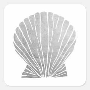 Silver Faux Elegant Metallic Seashell Wedding Squa Square Sticker