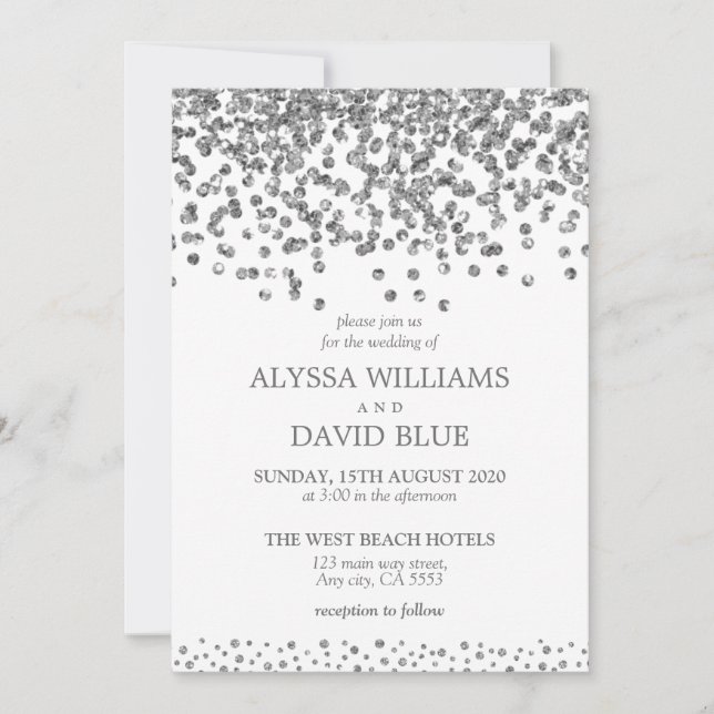 Silver Faux Foil Confetti Elegant Wedding Invitation (Front)