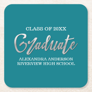 Silver Faux Foil Graduation Any Color Background Square Paper Coaster