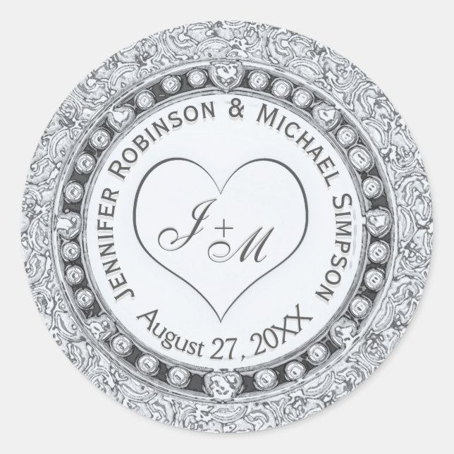 Silver Faux Foil Heart Classic Round Sticker (Front)