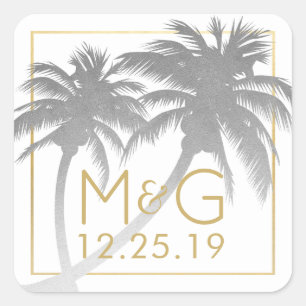 Silver Faux Foil Palm Tree Wedding Monogram Square Sticker