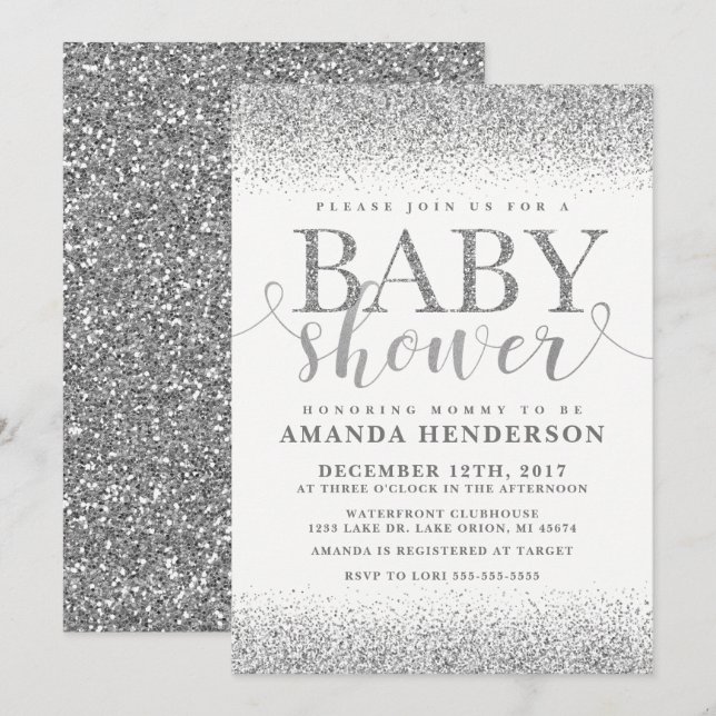 Silver Faux Glitter Baby Shower Invitation (Front/Back)