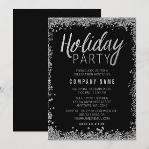 Silver Faux Glitter Black Holiday Party Invitation