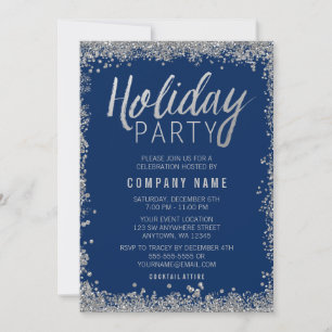 Silver Faux Glitter Blue Holiday Party Invitation